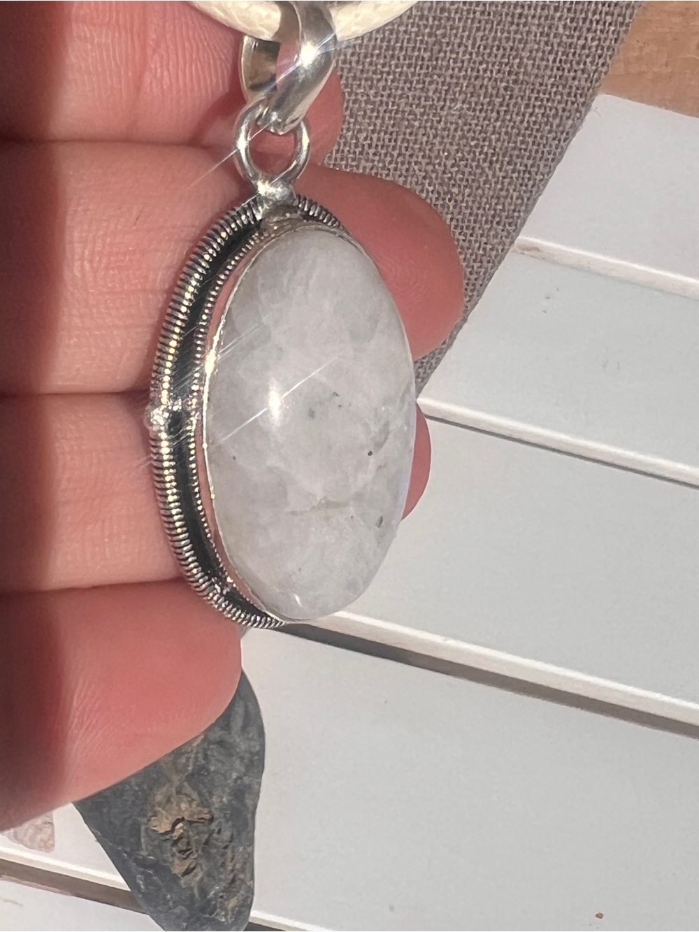 Natural Moonstone Oval Pendant Necklace in Silver Wire Wrap with cord